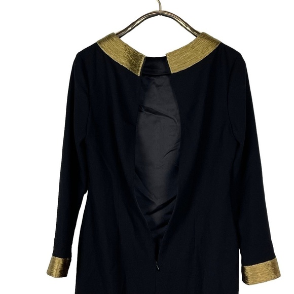 MONIQUE LHUILLIER LONG SLEEVE PIPE TRIM GOLD BLACK SHEATH COCKTAIL DRESS - Picture 8 of 13